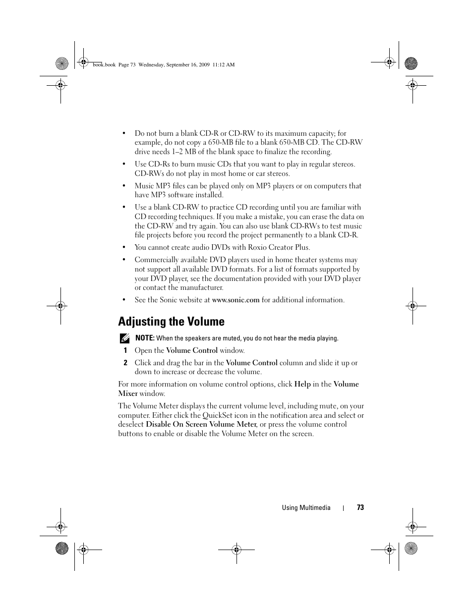 Adjusting the volume | Dell Vostro 1400 (Mid 2007) User Manual | Page 73 / 248