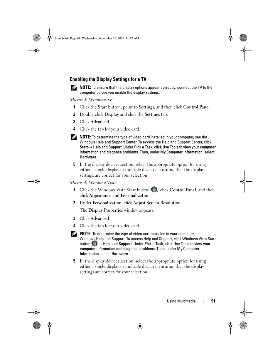 Enabling the display settings for a tv | Dell Vostro 1400 (Mid 2007) User Manual | Page 91 / 248