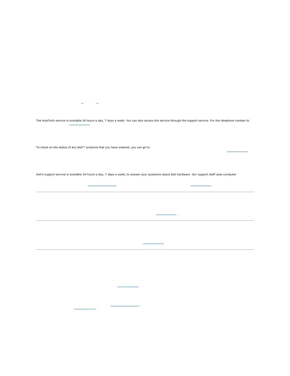 Problems with your order, Product information, Returning items for warranty repair or credit | For instructions on using the support service, see, Support service, Autotech service, Automated order-status service | Dell OptiPlex 740 User Manual | Page 79 / 217