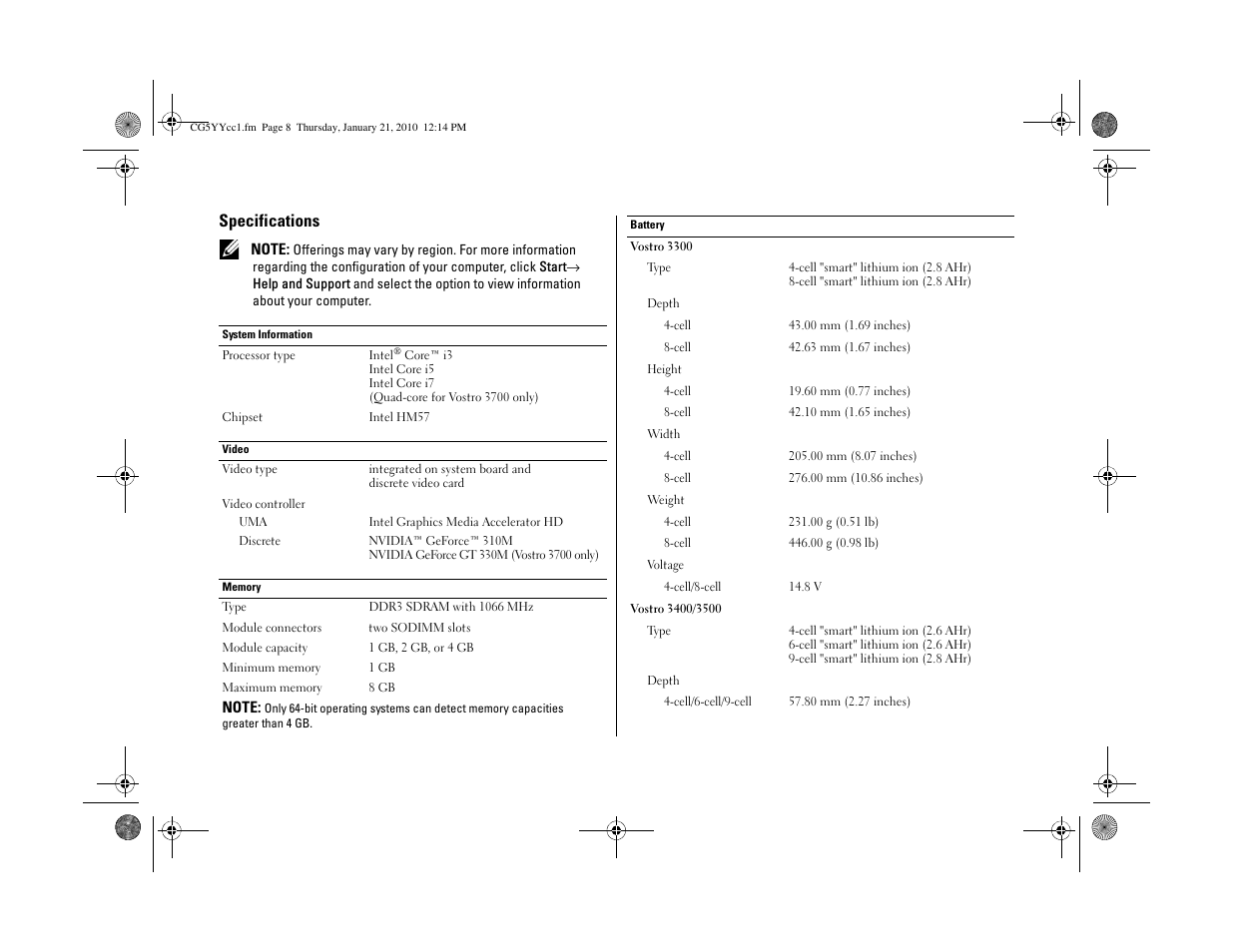 Specifications | Dell Vostro 3500 (Early 2010) User Manual | Page 8 / 12