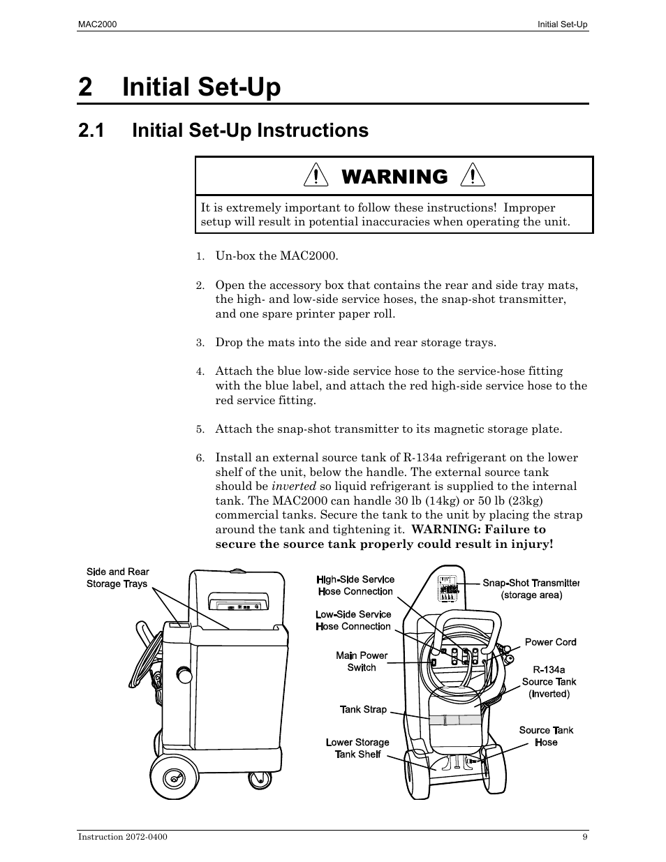 Initial set-up, Initial set-up instructions, 2 initial set-up | 1 initial set-up instructions, Warning | Bacharach 2072-0400 User Manual | Page 13 / 40