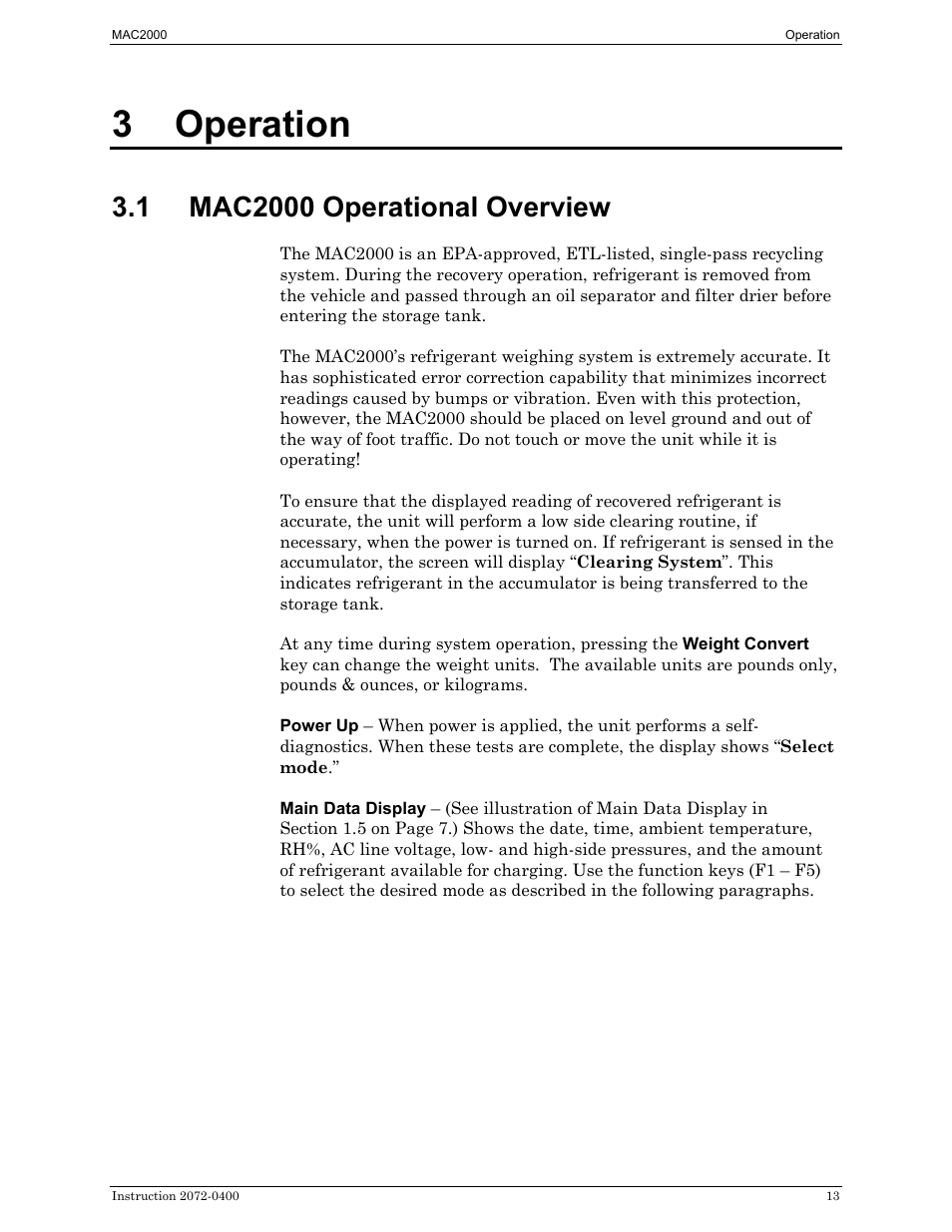 Operation, Mac2000 operational overview, 3 operation | Bacharach 2072-0400 User Manual | Page 17 / 40
