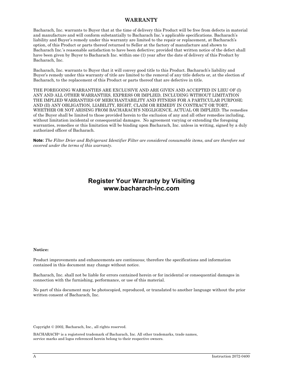 Warranty | Bacharach 2072-0400 User Manual | Page 2 / 40