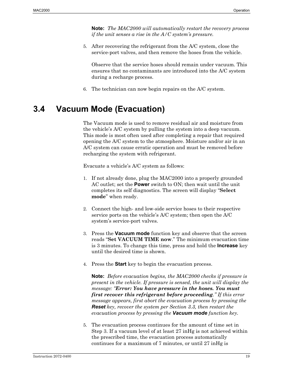 Vacuum mode (evacuation), 4 vacuum mode (evacuation) | Bacharach 2072-0400 User Manual | Page 23 / 40