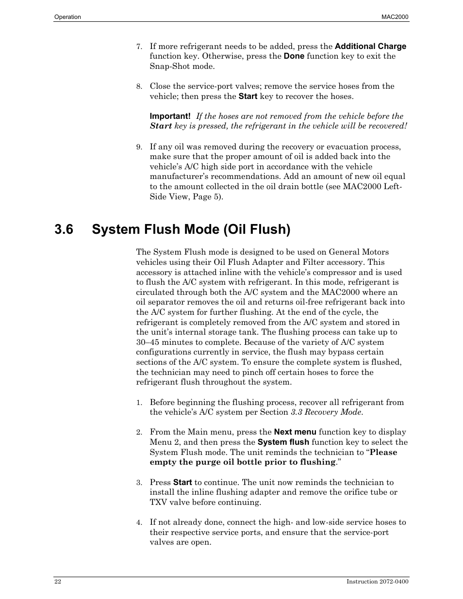 System flush mode (oil flush), 6 system flush mode (oil flush) | Bacharach 2072-0400 User Manual | Page 26 / 40