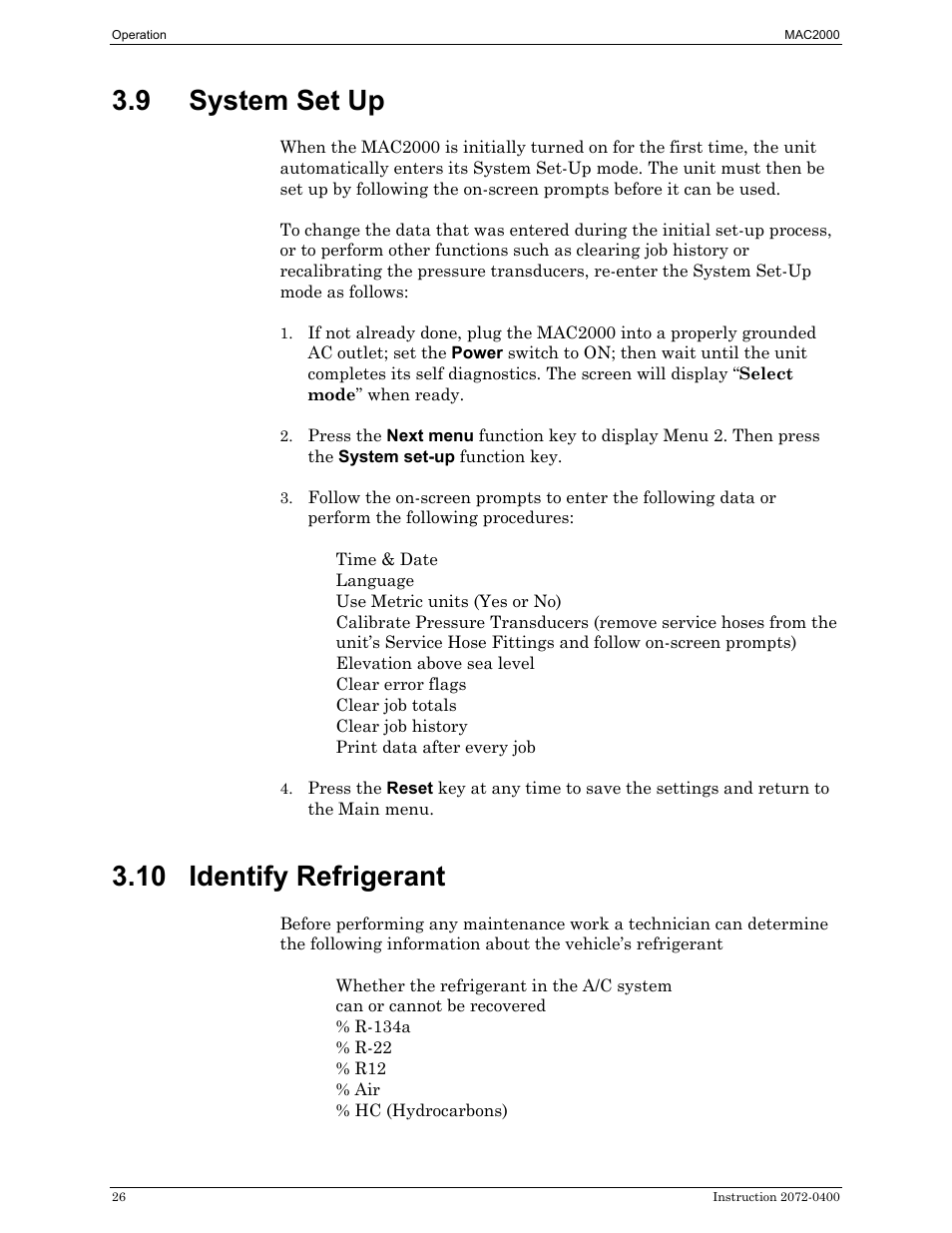 System set up, Identify refrigerant, 9 system set up | 10 identify refrigerant | Bacharach 2072-0400 User Manual | Page 30 / 40