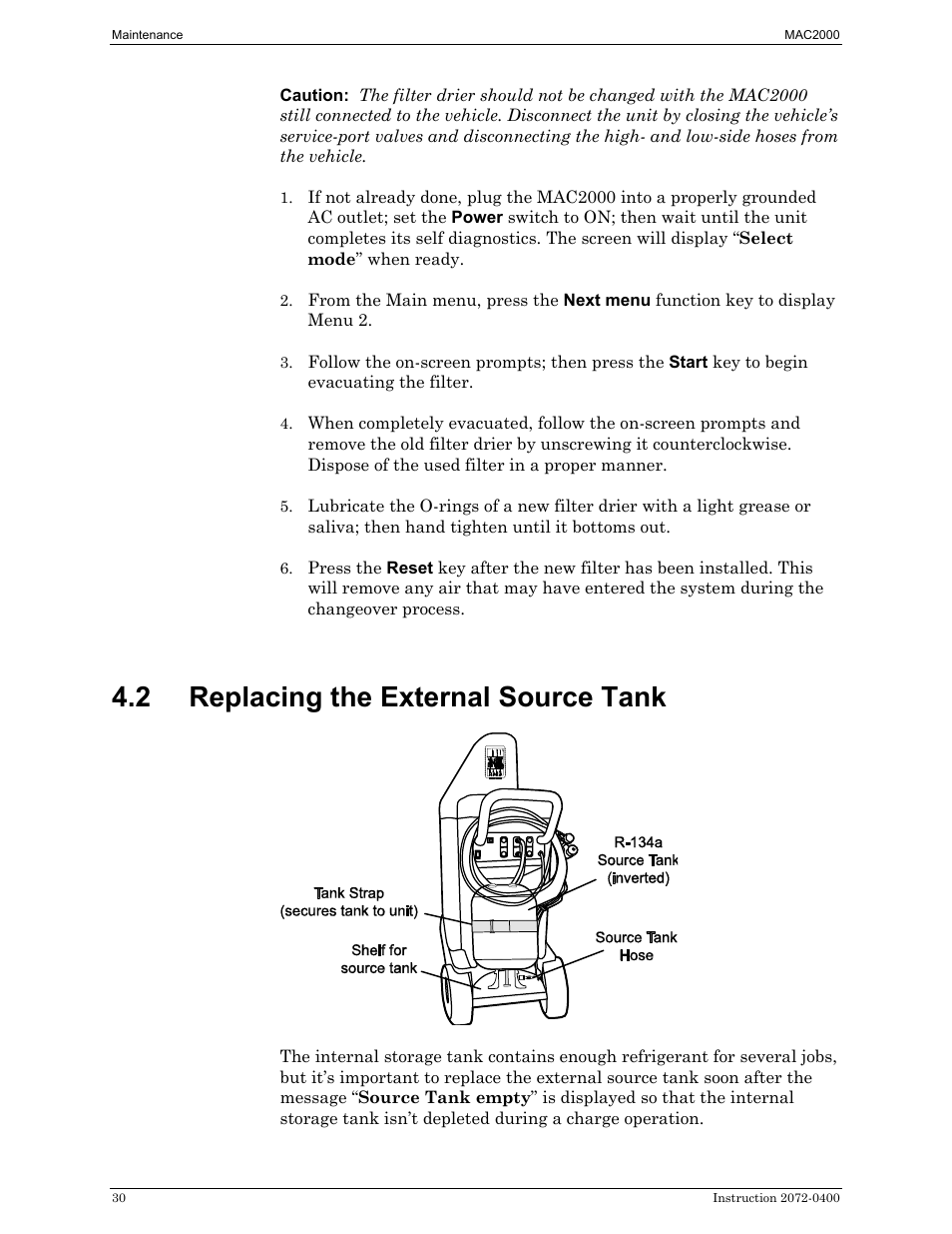 Replacing the external source tank, 2 replacing the external source tank | Bacharach 2072-0400 User Manual | Page 34 / 40
