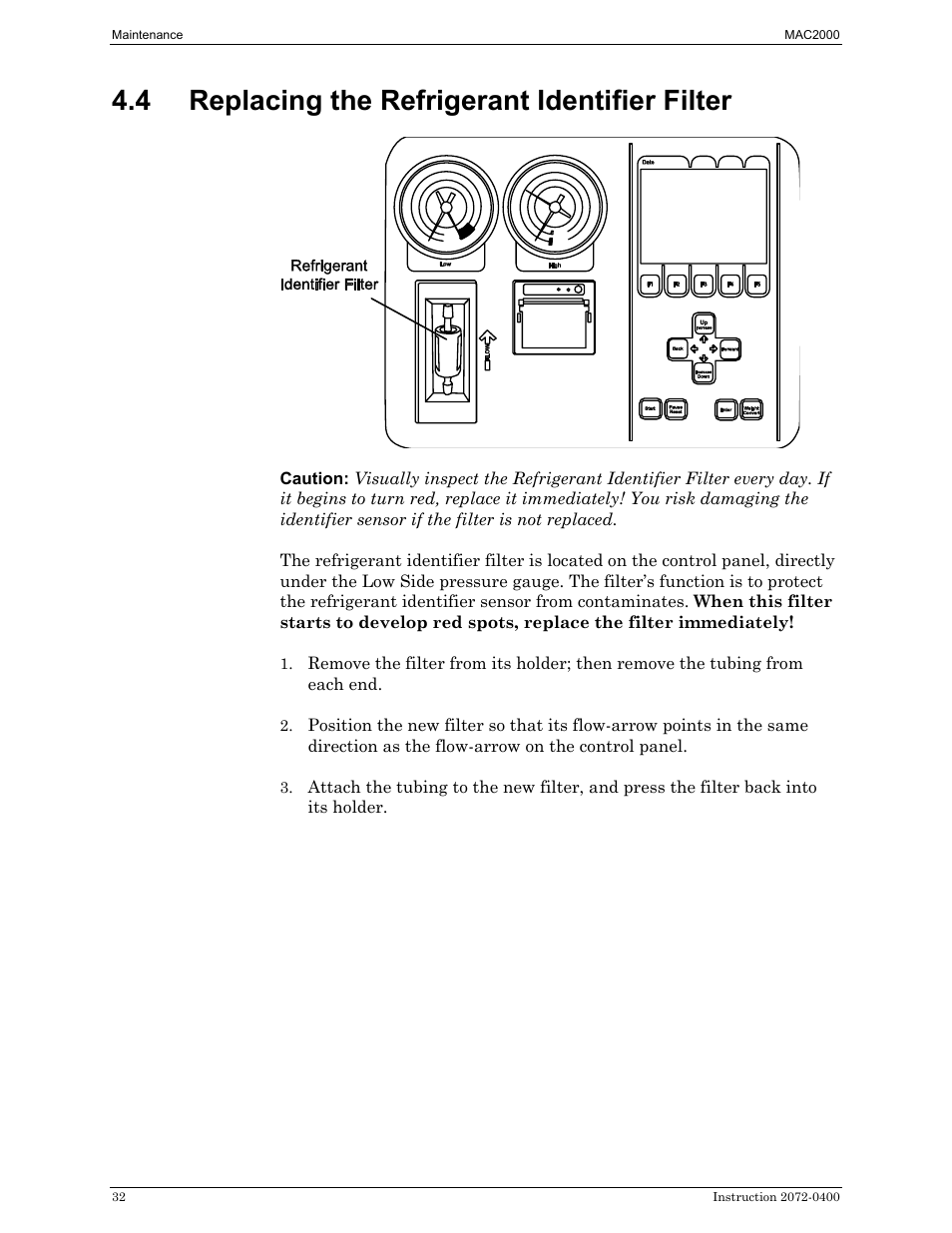 Replacing the refrigerant identifier filter, 4 replacing the refrigerant identifier filter | Bacharach 2072-0400 User Manual | Page 36 / 40