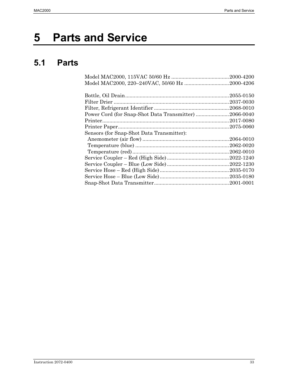 Parts and service, Parts, 5 parts and service | 1 parts | Bacharach 2072-0400 User Manual | Page 37 / 40