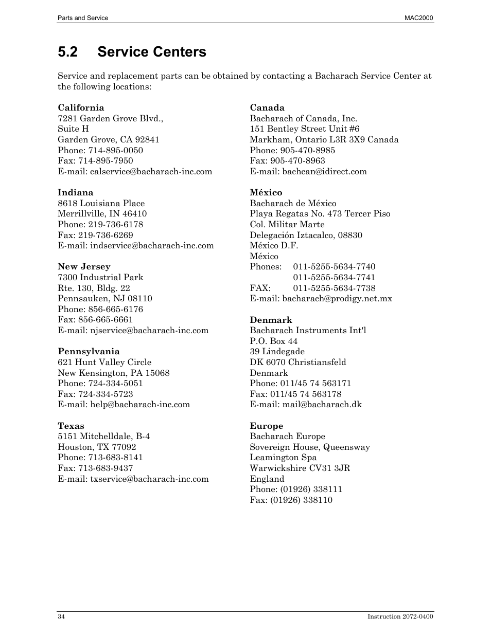 Service centers, 2 service centers | Bacharach 2072-0400 User Manual | Page 38 / 40