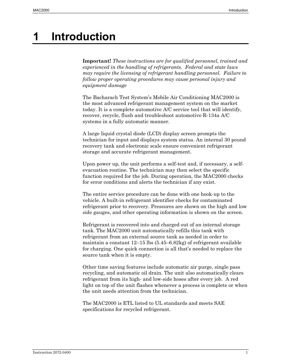 Introduction, 1 introduction | Bacharach 2072-0400 User Manual | Page 5 / 40