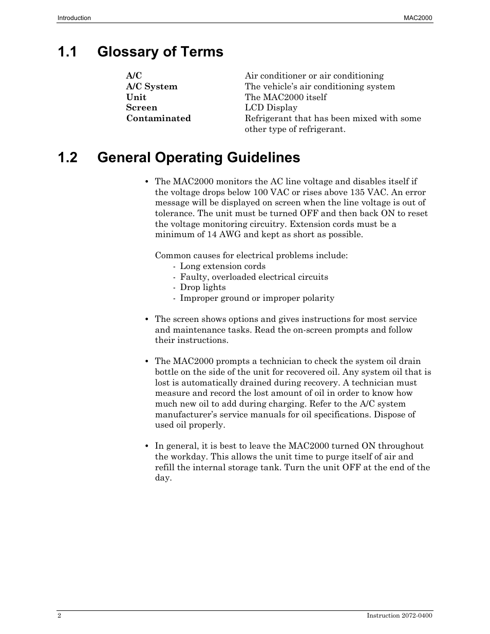 Glossary of terms, General operating guidelines, 1 glossary of terms | 2 general operating guidelines | Bacharach 2072-0400 User Manual | Page 6 / 40