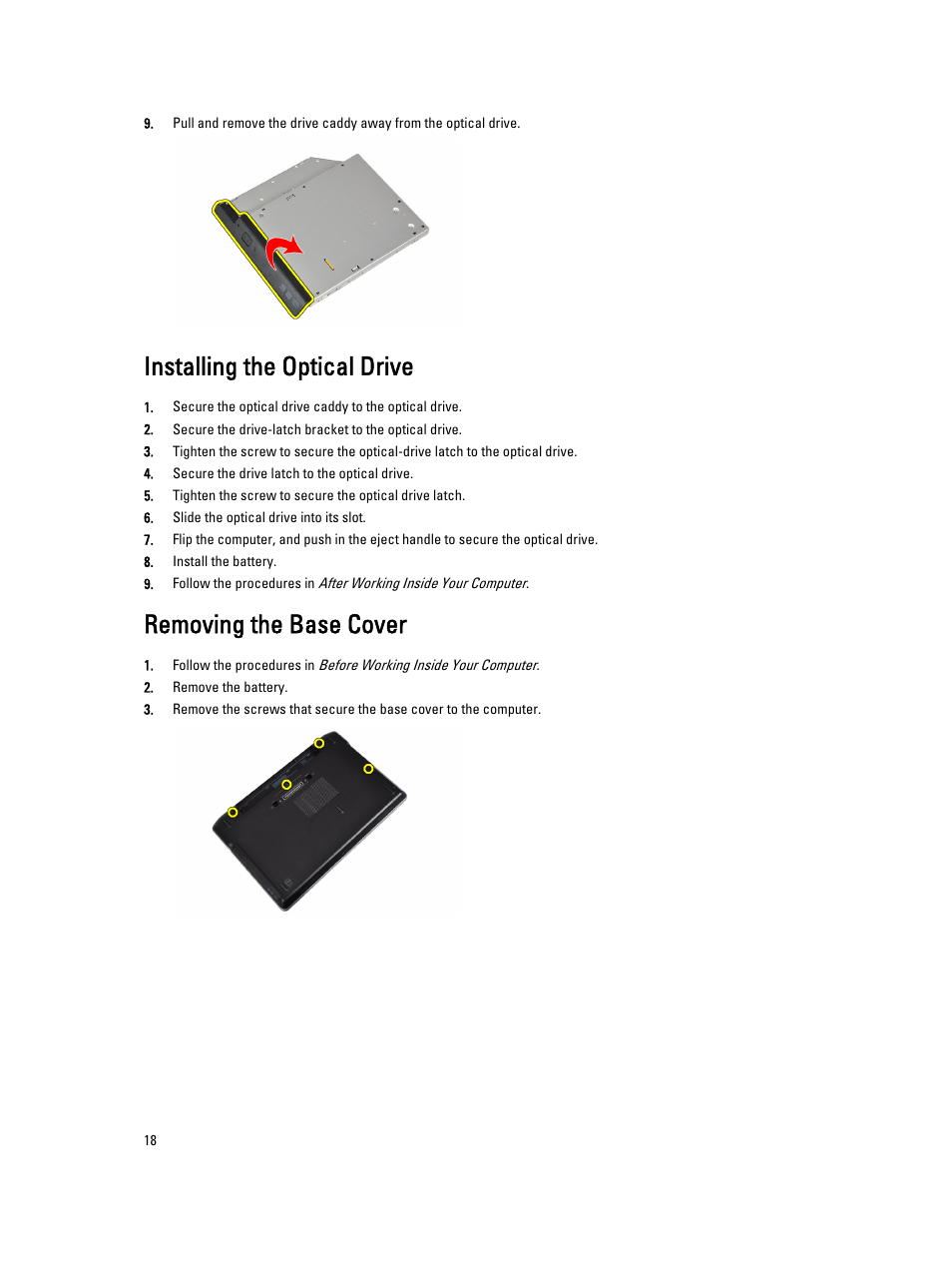 Installing the optical drive, Removing the base cover | Dell Latitude E6430s (Mid 2012) User Manual | Page 18 / 81