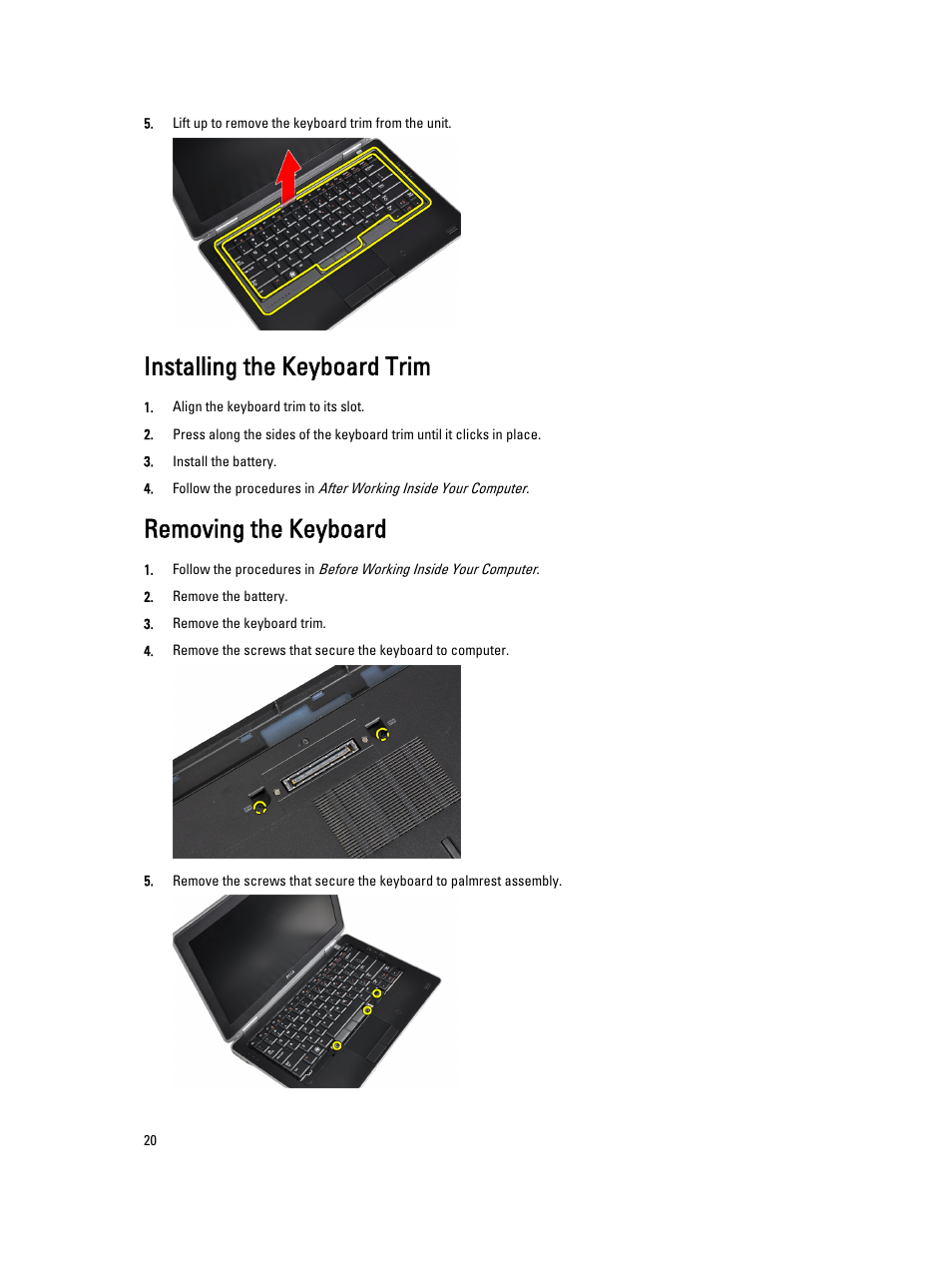 Installing the keyboard trim, Removing the keyboard | Dell Latitude E6430s (Mid 2012) User Manual | Page 20 / 81
