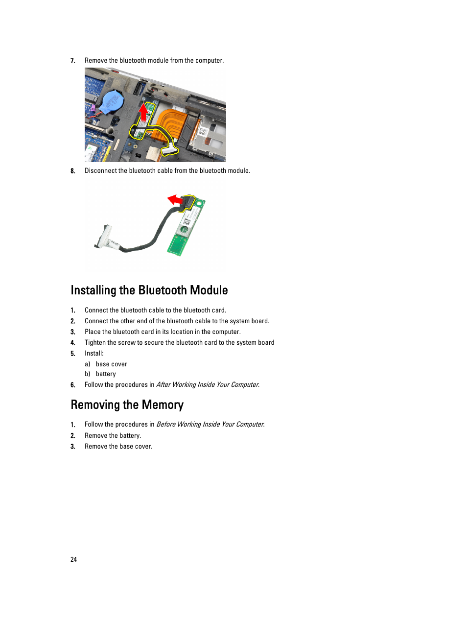 Installing the bluetooth module, Removing the memory | Dell Latitude E6430s (Mid 2012) User Manual | Page 24 / 81