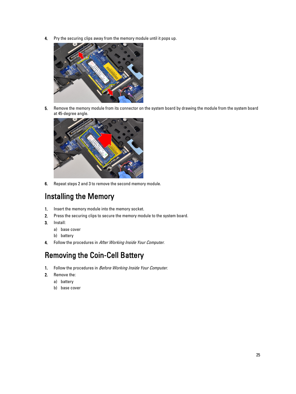 Installing the memory, Removing the coin-cell battery | Dell Latitude E6430s (Mid 2012) User Manual | Page 25 / 81