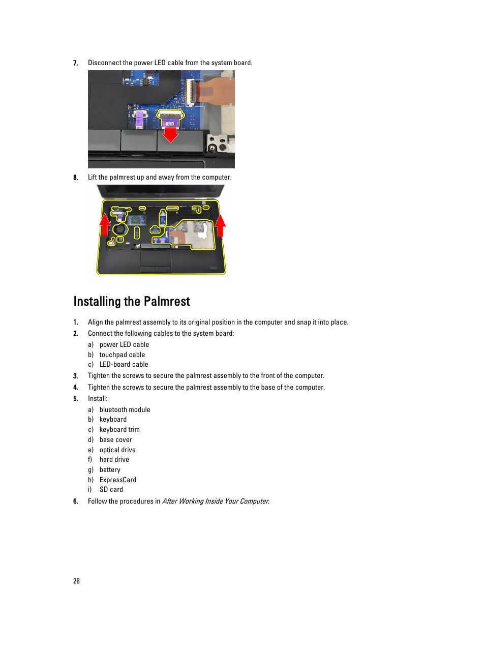 Installing the palmrest | Dell Latitude E6430s (Mid 2012) User Manual | Page 28 / 81