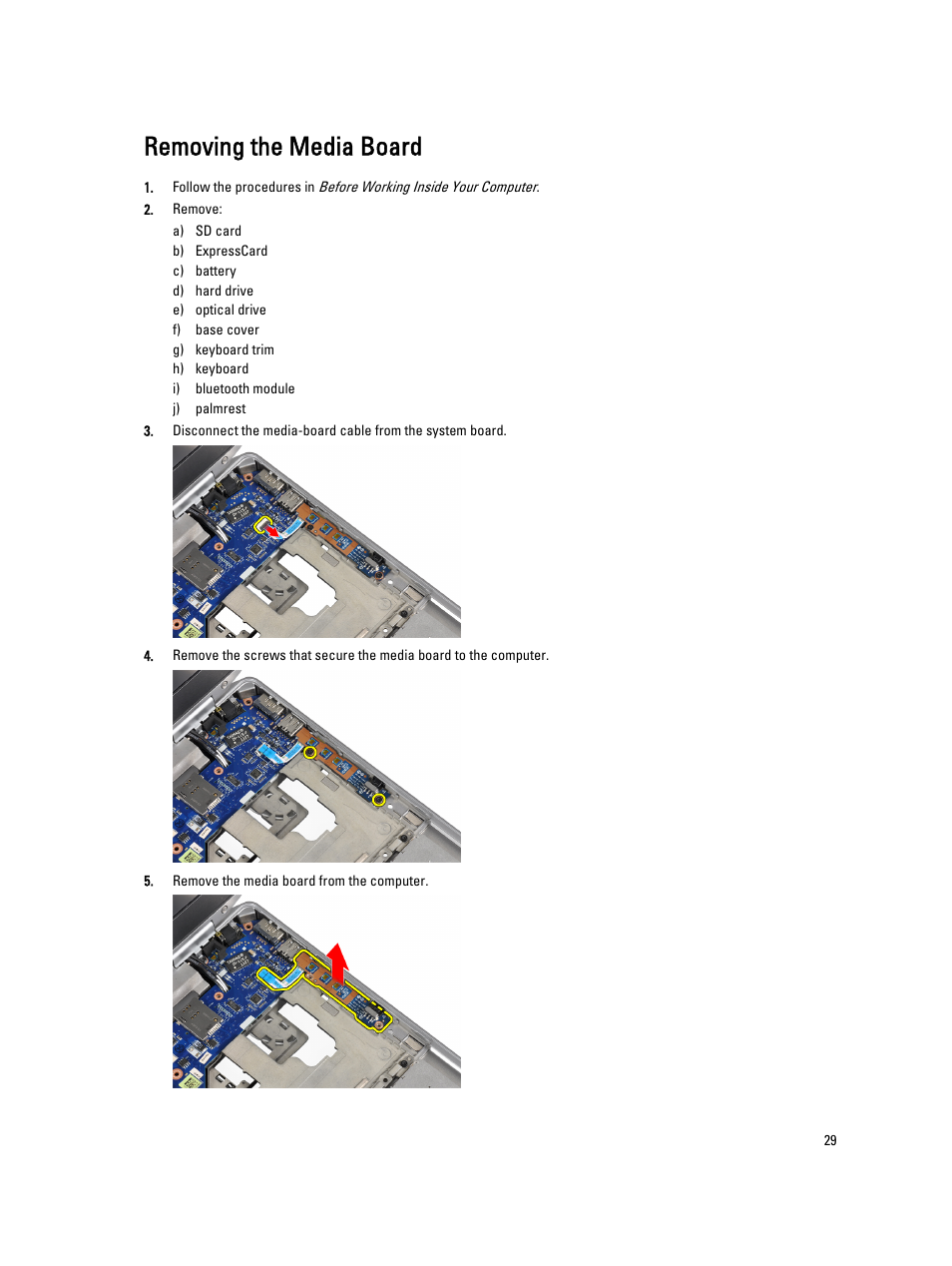 Removing the media board | Dell Latitude E6430s (Mid 2012) User Manual | Page 29 / 81