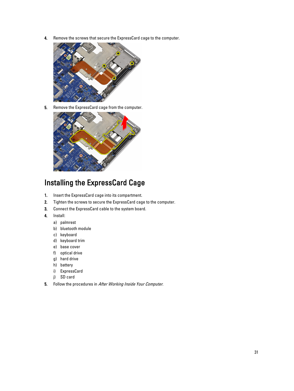 Installing the expresscard cage | Dell Latitude E6430s (Mid 2012) User Manual | Page 31 / 81