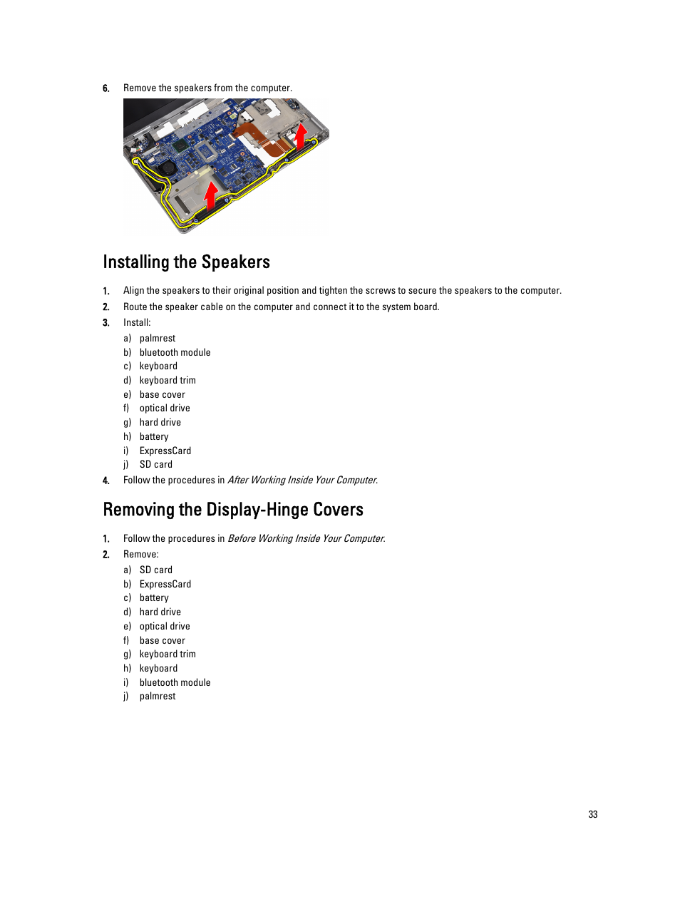 Installing the speakers, Removing the display-hinge covers | Dell Latitude E6430s (Mid 2012) User Manual | Page 33 / 81