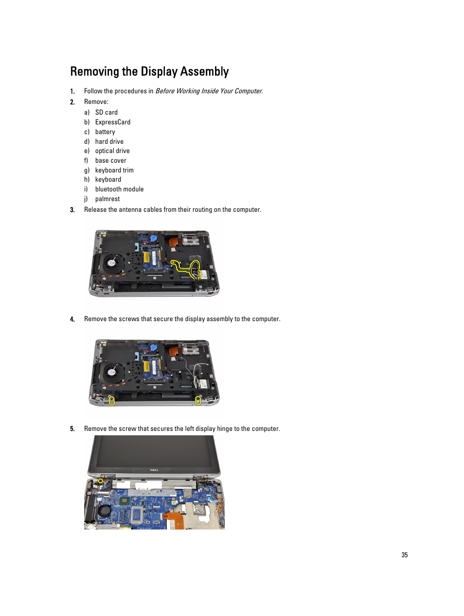 Removing the display assembly | Dell Latitude E6430s (Mid 2012) User Manual | Page 35 / 81