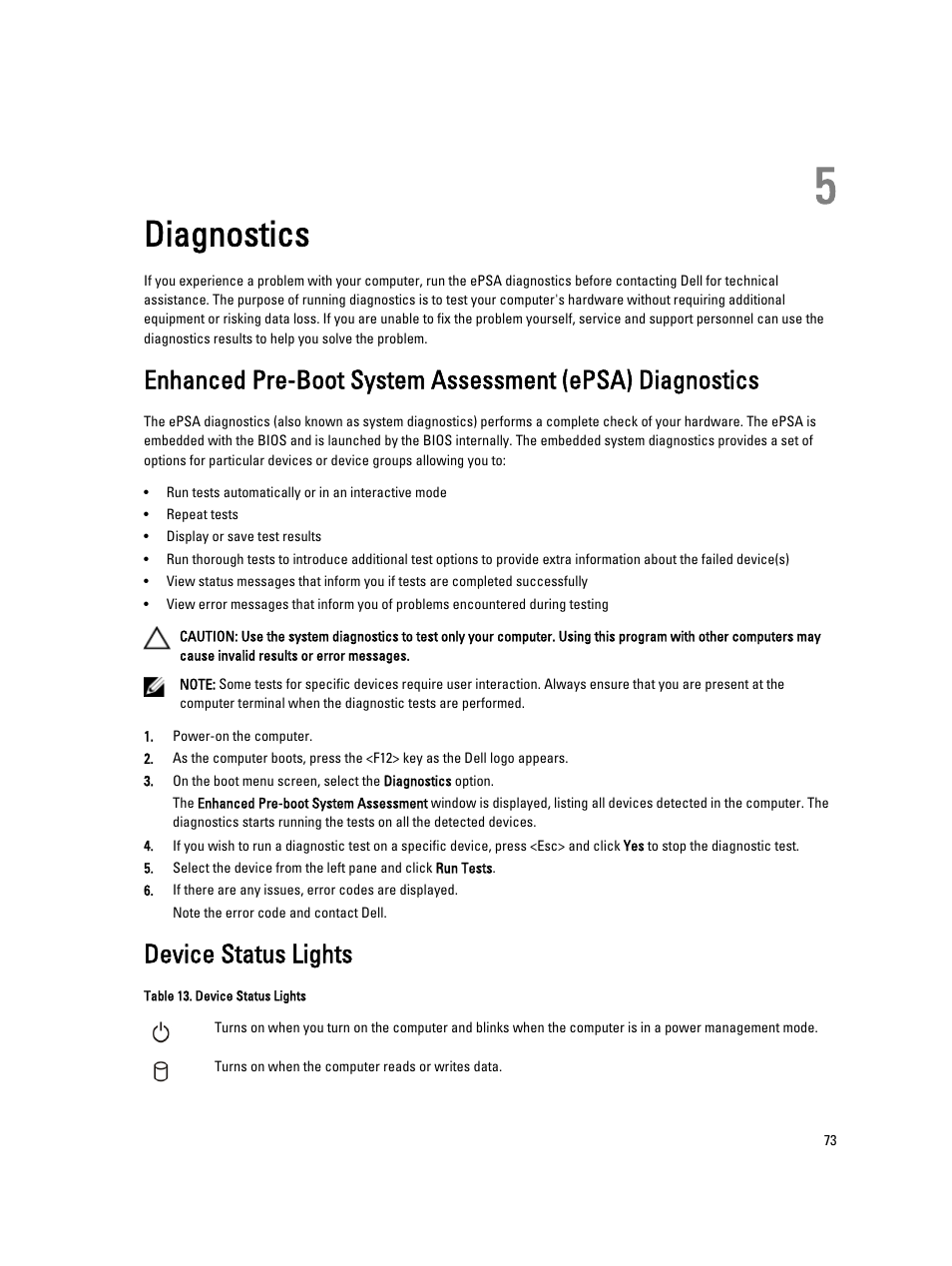 Diagnostics, Device status lights, 5 diagnostics | Dell Latitude E6430s (Mid 2012) User Manual | Page 73 / 81