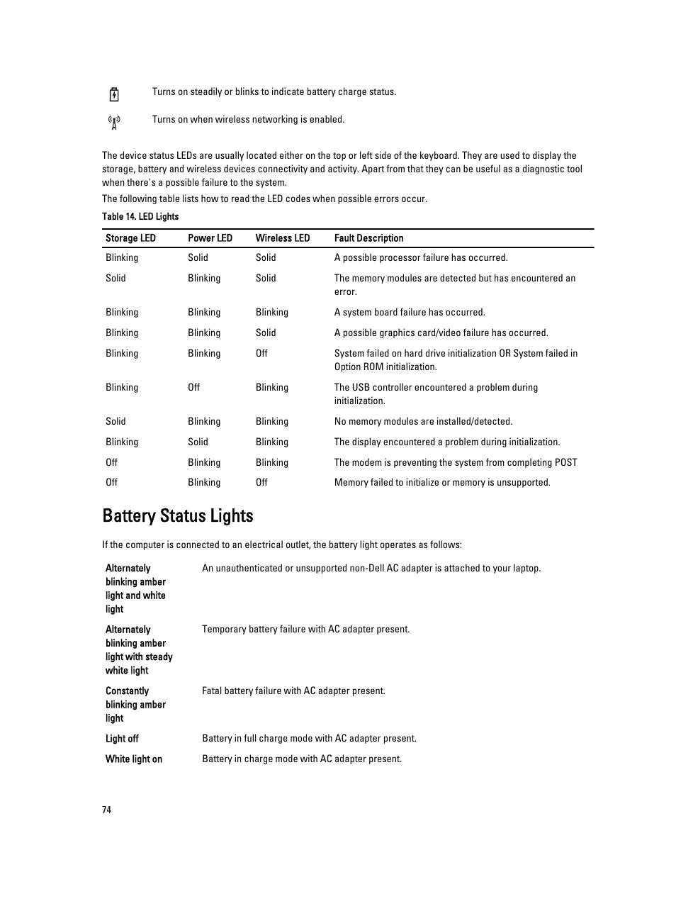 Battery status lights | Dell Latitude E6430s (Mid 2012) User Manual | Page 74 / 81