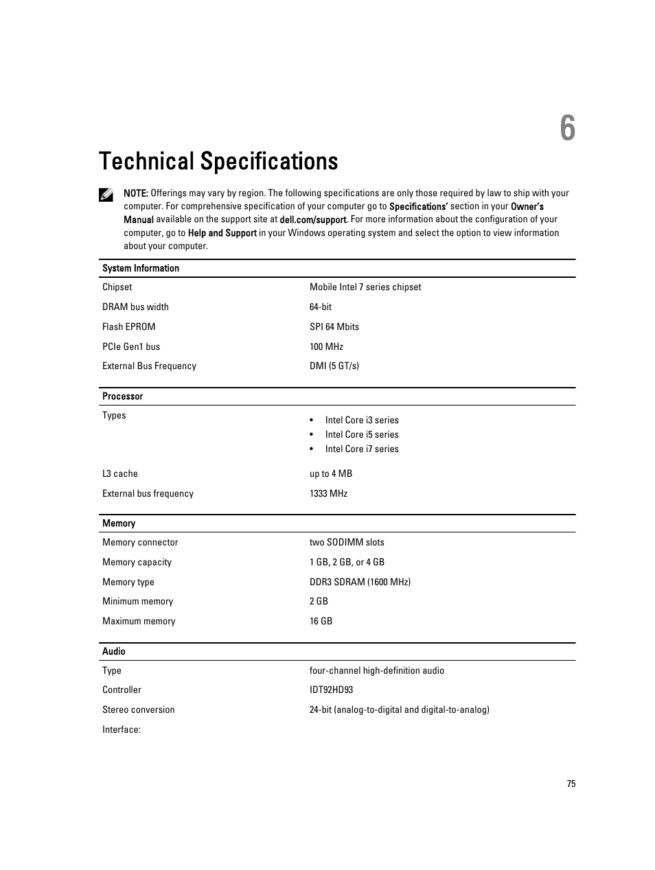 Technical specifications, 6 technical specifications | Dell Latitude E6430s (Mid 2012) User Manual | Page 75 / 81