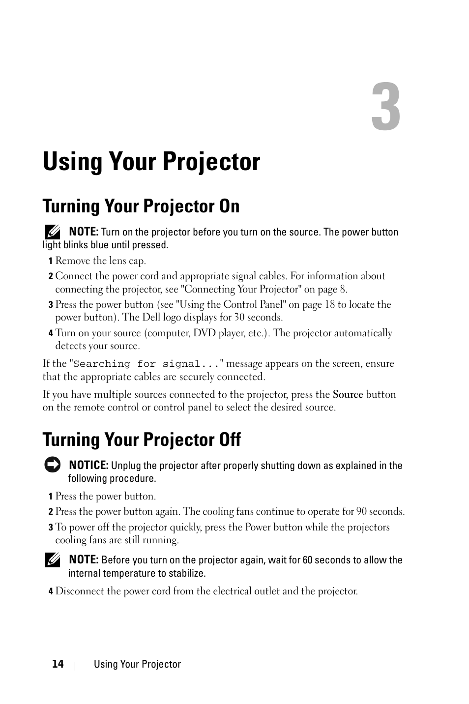 Using your projector, Turning your projector on, Turning your projector off | Dell 2400MP Projector User Manual | Page 14 / 49
