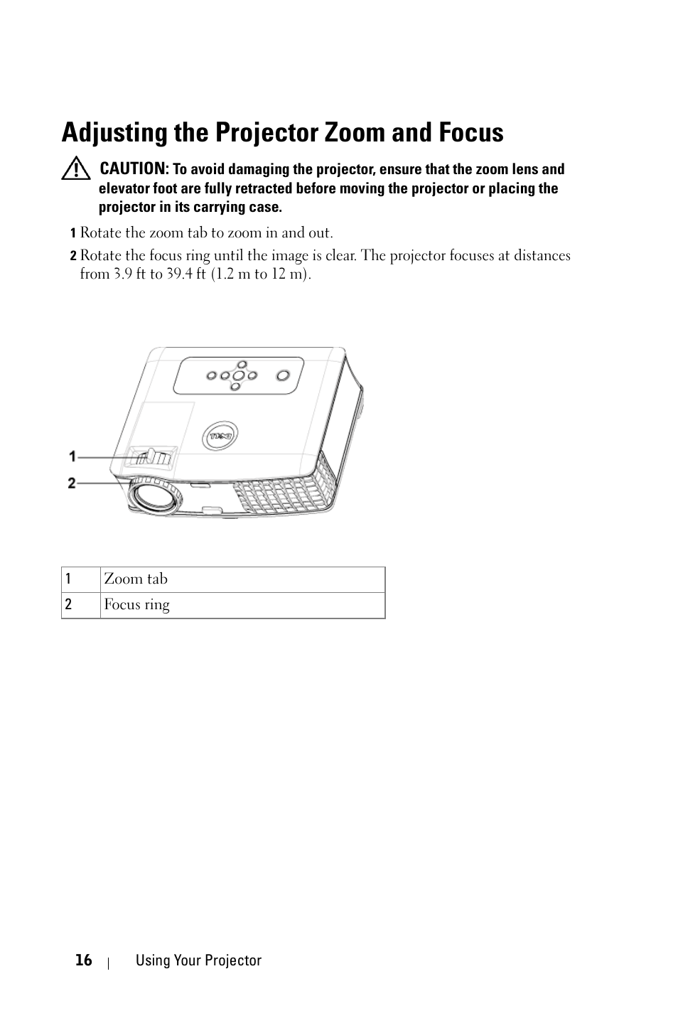 Adjusting the projector zoom and focus | Dell 2400MP Projector User Manual | Page 16 / 49