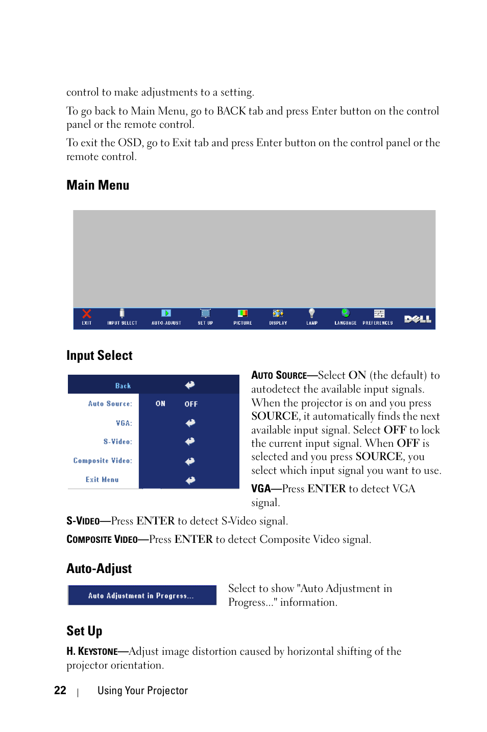 Main menu, Input select, Auto-adjust | Set up, Main menu input select | Dell 2400MP Projector User Manual | Page 22 / 49