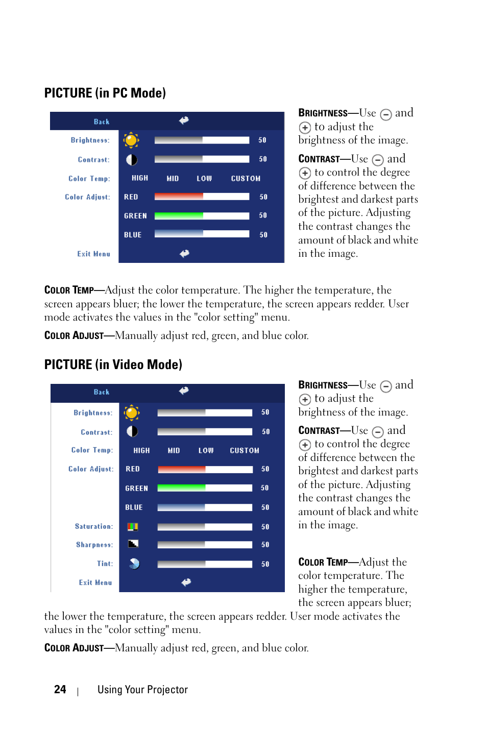 Picture (in pc mode), Picture (in video mode) | Dell 2400MP Projector User Manual | Page 24 / 49