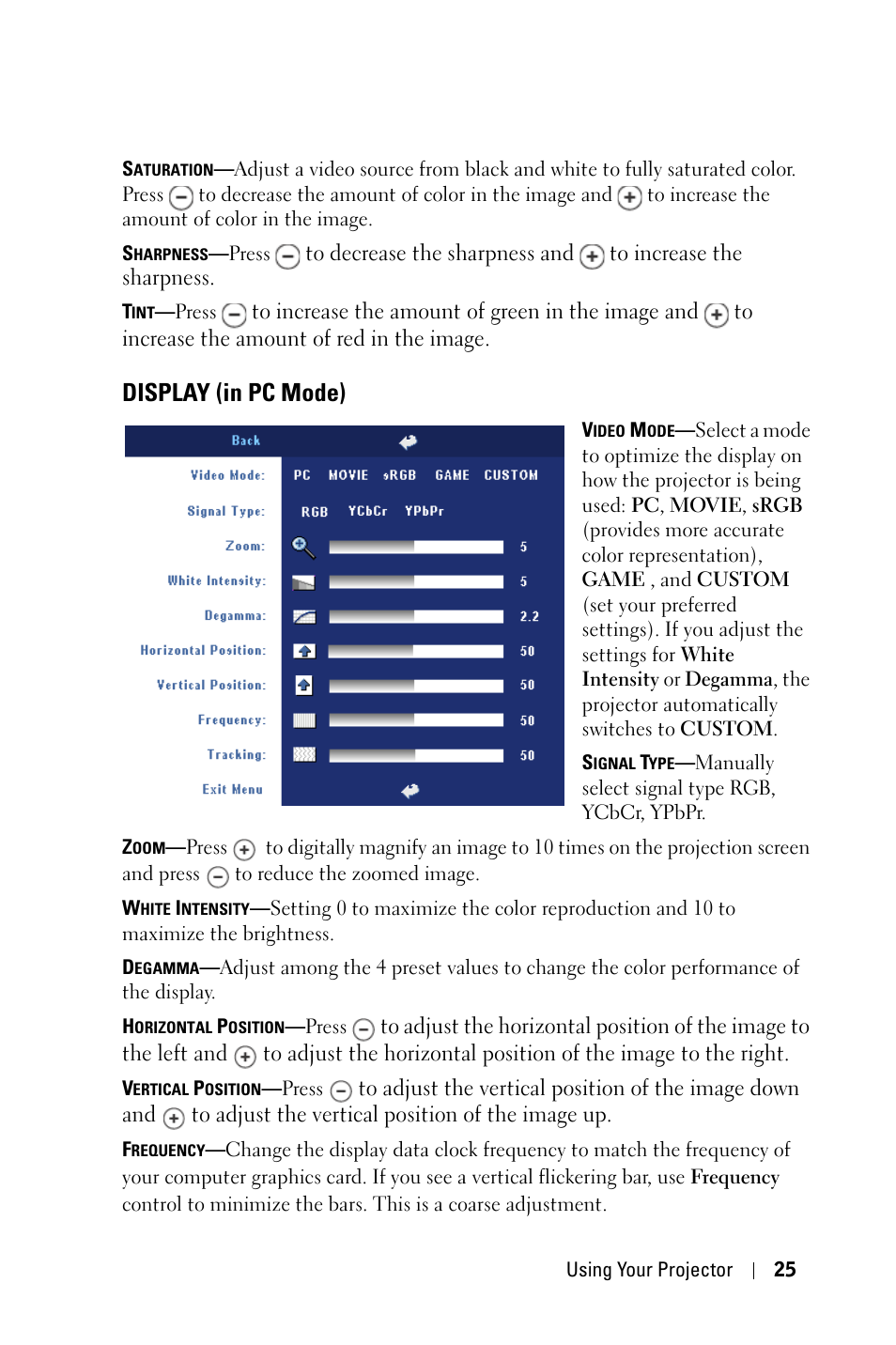 Display (in pc mode) | Dell 2400MP Projector User Manual | Page 25 / 49