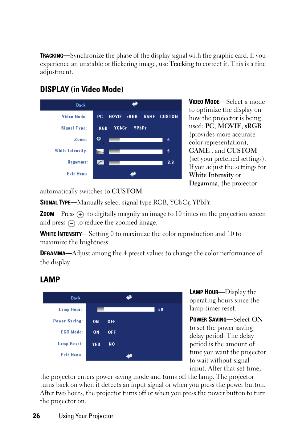 Display (in video mode), Lamp | Dell 2400MP Projector User Manual | Page 26 / 49