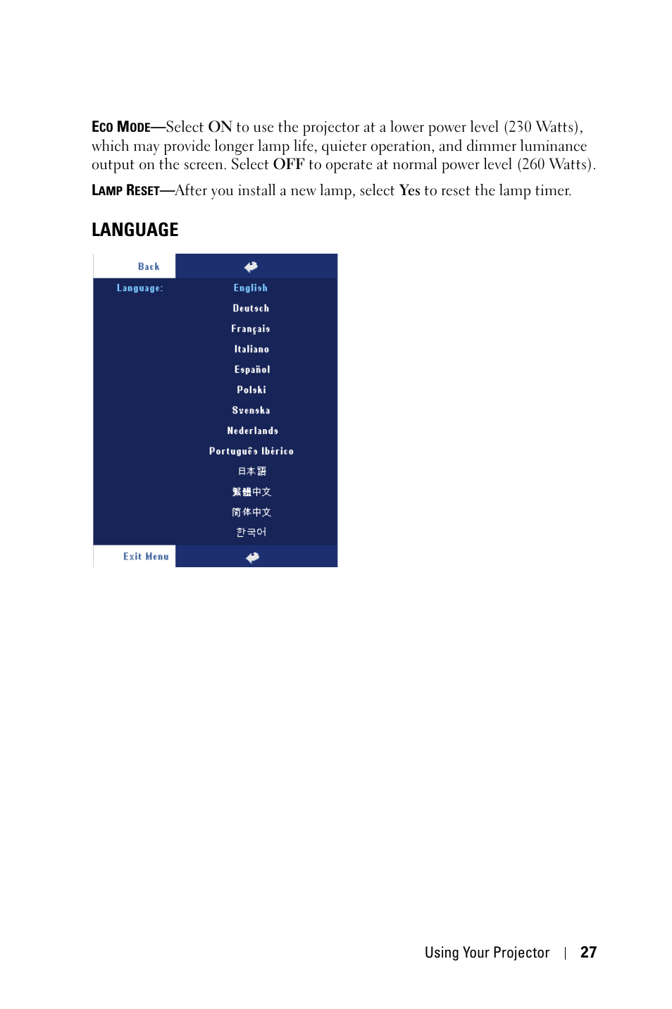 Language | Dell 2400MP Projector User Manual | Page 27 / 49