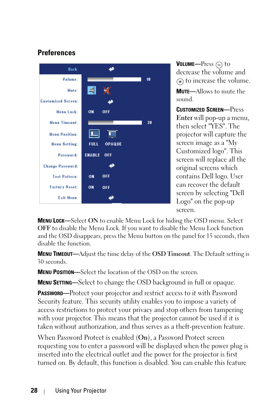 Preferences | Dell 2400MP Projector User Manual | Page 28 / 49