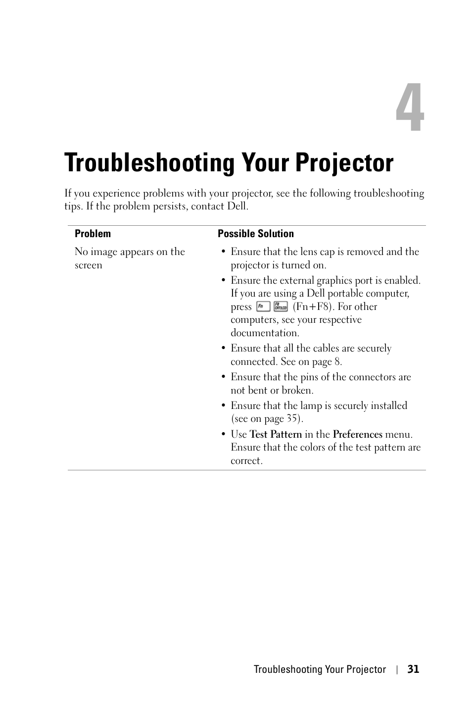 Troubleshooting your projector | Dell 2400MP Projector User Manual | Page 31 / 49