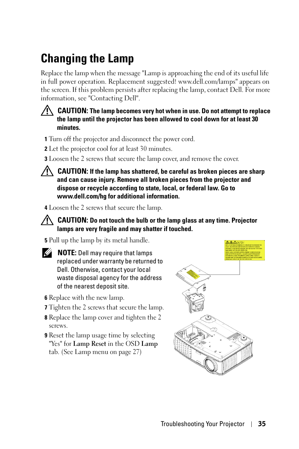Changing the lamp | Dell 2400MP Projector User Manual | Page 35 / 49