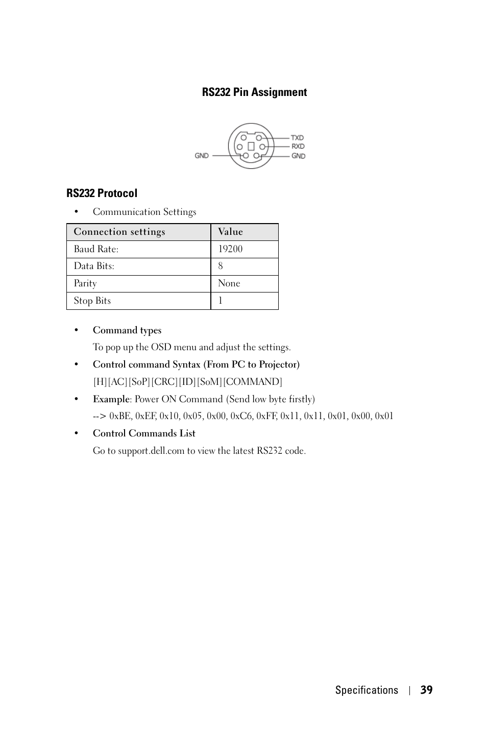 Rs232 pin assignment, Rs232 protocol | Dell 2400MP Projector User Manual | Page 39 / 49