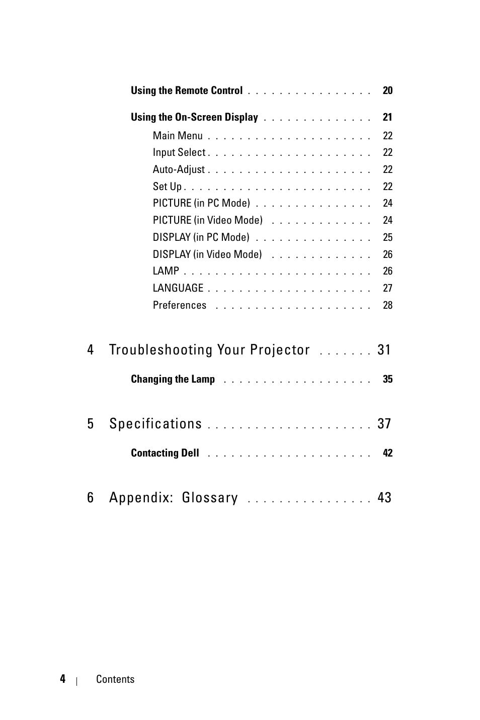 4 troubleshooting your projector 31, 5 specifications 37, 6 appendix: glossary 43 | 4 troubleshooting your projector, 5 specifications, 6 appendix: glossary | Dell 2400MP Projector User Manual | Page 4 / 49