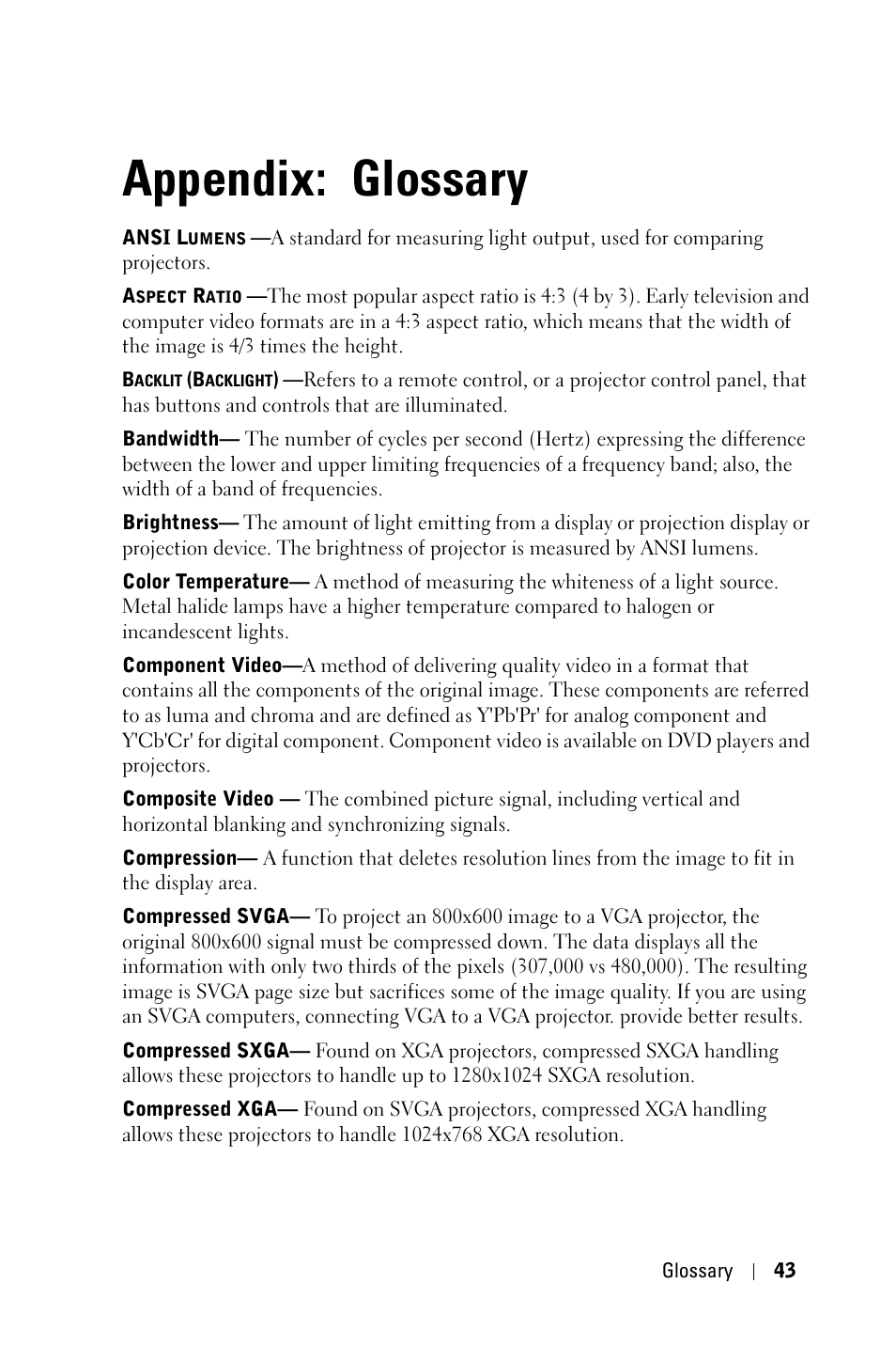 Appendix: glossary, Appendix | Dell 2400MP Projector User Manual | Page 43 / 49