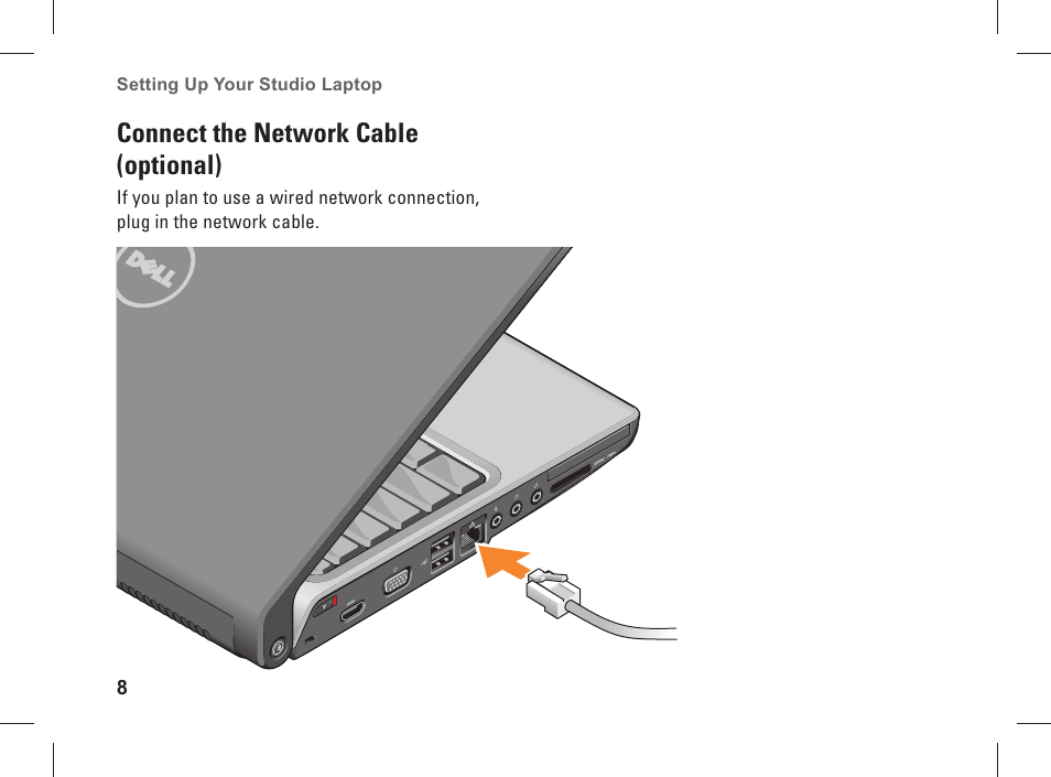 Connect the network cable (optional) | Dell Studio 1537 (Late 2008) User Manual | Page 10 / 84