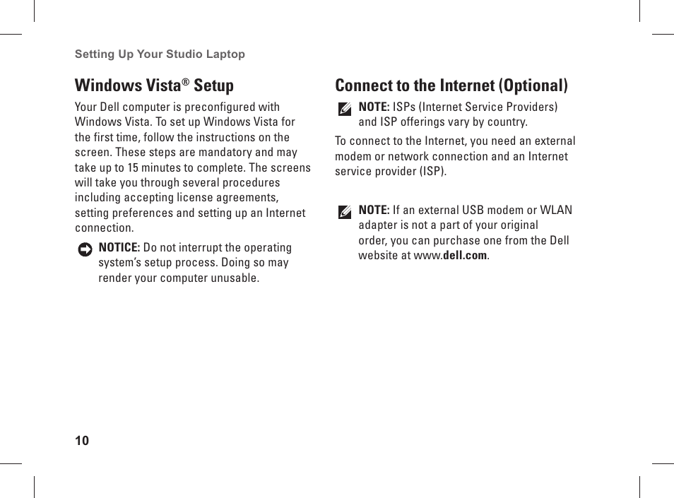 Windows vista, Setup, Connect to the internet (optional) | Dell Studio 1537 (Late 2008) User Manual | Page 12 / 84