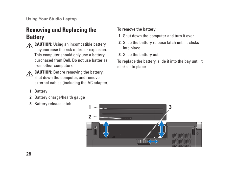 Removing and replacing the battery | Dell Studio 1537 (Late 2008) User Manual | Page 30 / 84