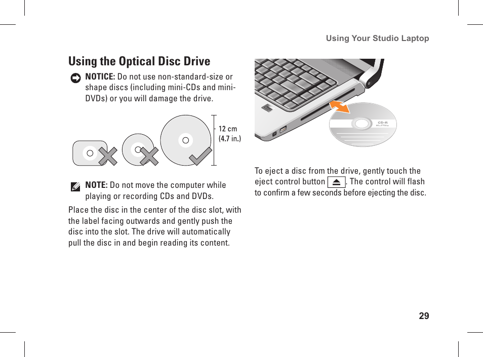 Using the optical disc drive | Dell Studio 1537 (Late 2008) User Manual | Page 31 / 84