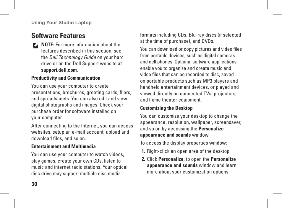 Software features | Dell Studio 1537 (Late 2008) User Manual | Page 32 / 84