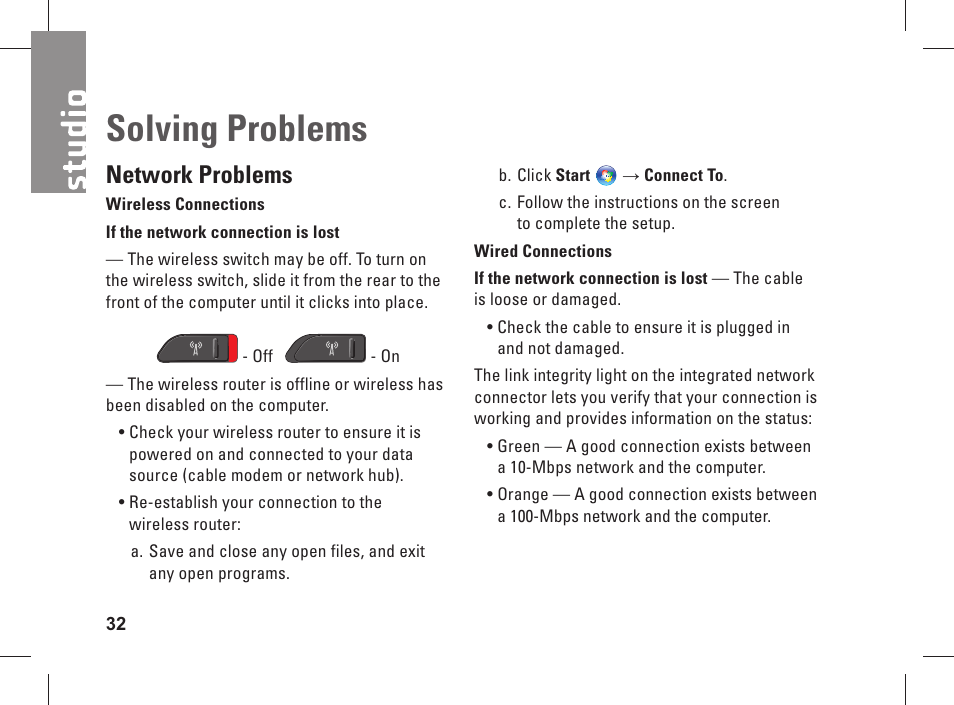 Solving problems, Network problems | Dell Studio 1537 (Late 2008) User Manual | Page 34 / 84