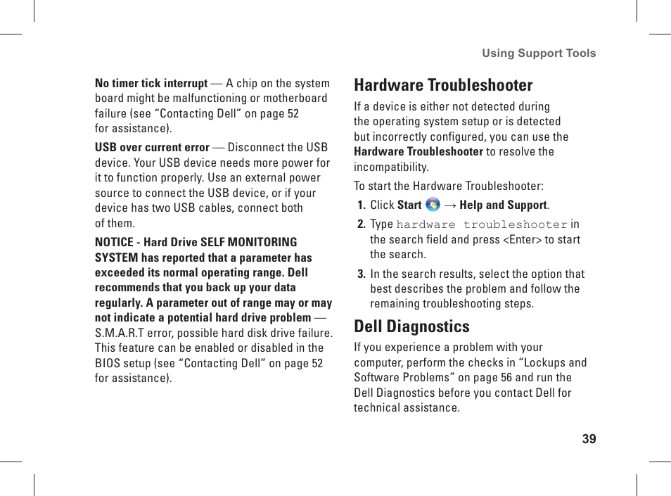 Hardware troubleshooter, Dell diagnostics | Dell Studio 1537 (Late 2008) User Manual | Page 41 / 84
