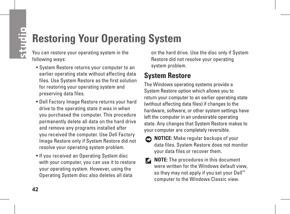 Restoring your operating system, System restore | Dell Studio 1537 (Late 2008) User Manual | Page 44 / 84