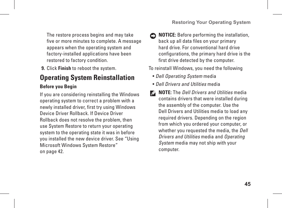 Operating system reinstallation | Dell Studio 1537 (Late 2008) User Manual | Page 47 / 84